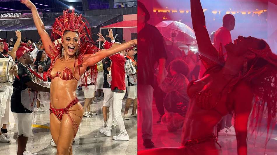 Sob forte chuva, Juliana Paes dÃ¡ show em ensaio tÃ©cnico da Viradouro na SapucaÃ­
